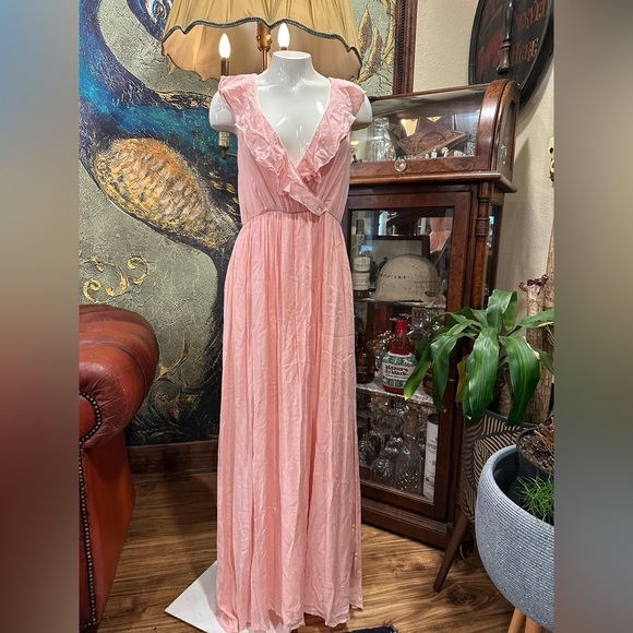 DAY DRESS Dresses & Skirts - NWT  PALE PINK Maxi Dress Faux Wrap top Ruffled W/Tassel Belt Flowy Skirt